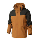 Camel and black colour block rain jacket with hood