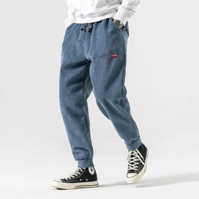 Blue corduroy trousers with a drawstring waist and cuffed ankles