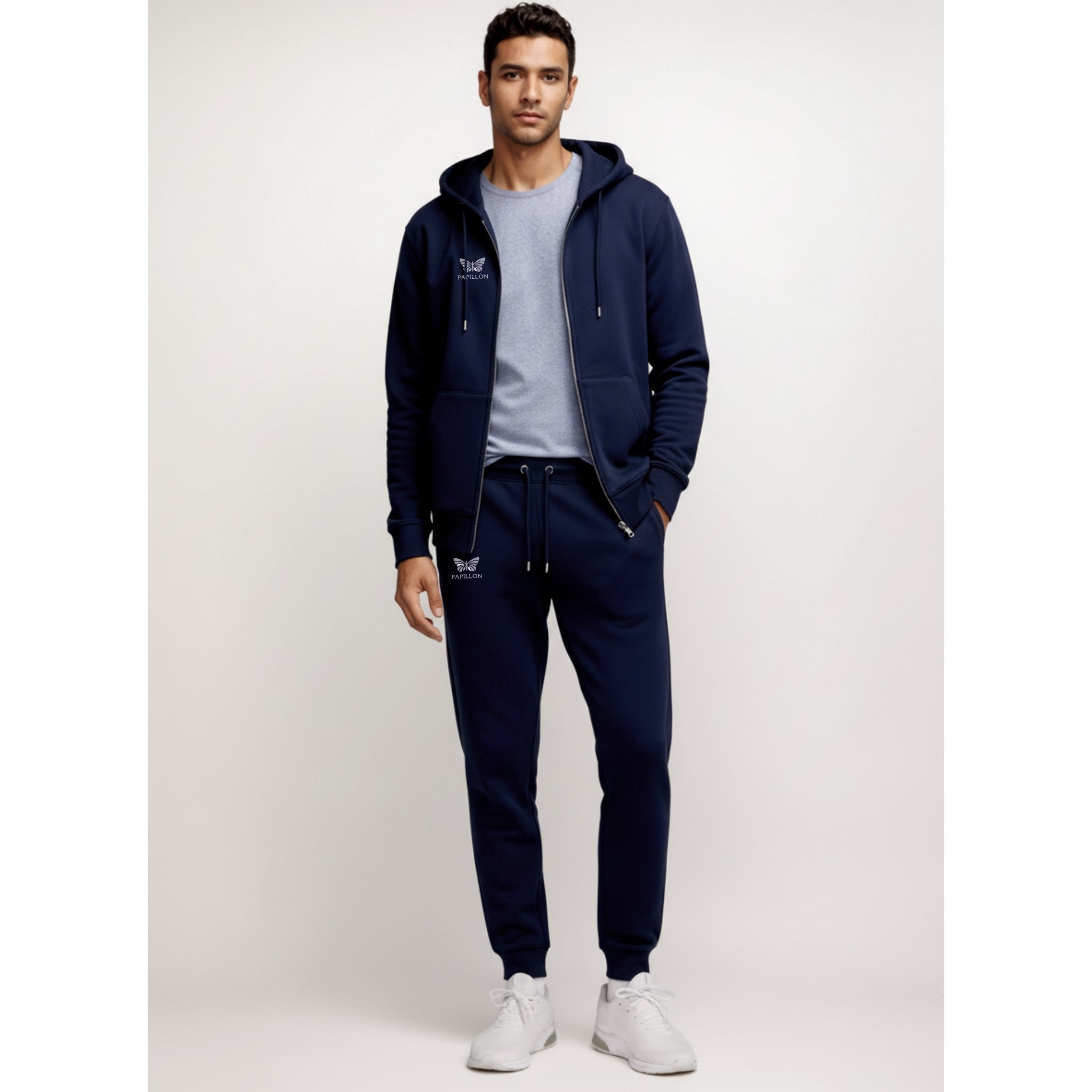 Man in a navy zip hoodie and joggers tracksuit, front view | Chaps London
