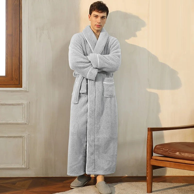 Men's light grey long fleece dressing gown with a shawl collar