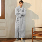 Men's light grey long fleece dressing gown with a shawl collar