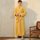 Men's yellow long fleece dressing gown with a shawl collar