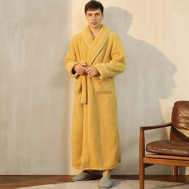 Men's yellow long fleece dressing gown with a shawl collar