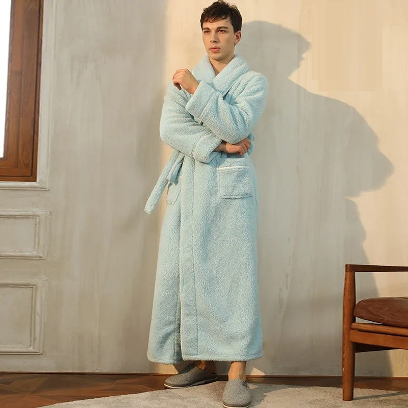 Men's mint green long fleece dressing gown with a shawl collar