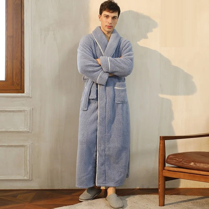 Men's blue long fleece dressing gown with a shawl collar