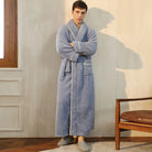 Men's blue long fleece dressing gown with a shawl collar