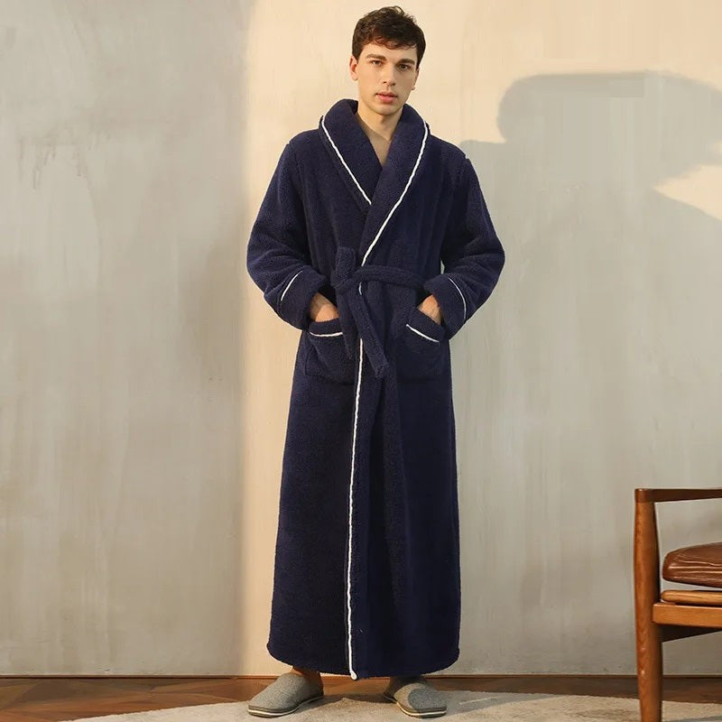 Men's navy long fleece dressing gown with a shawl collar