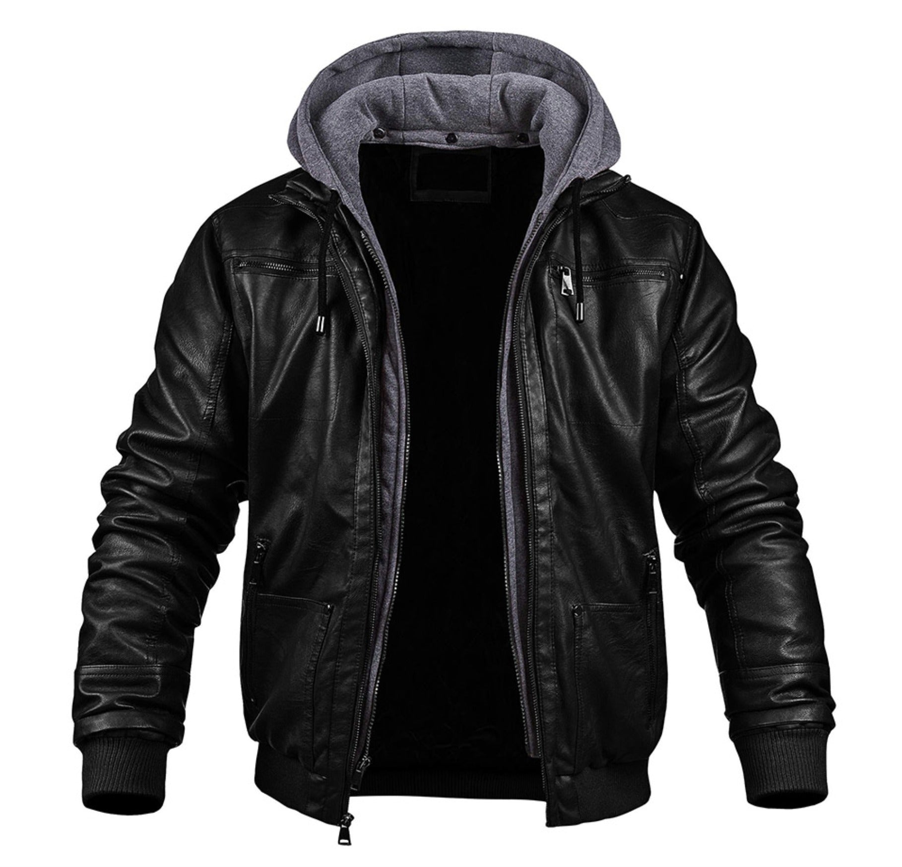 Men's hooded faux leather bomber jacket in black