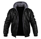 Black faux leather bomber jacket with grey hood, worn by man, unzipped | Chaps London