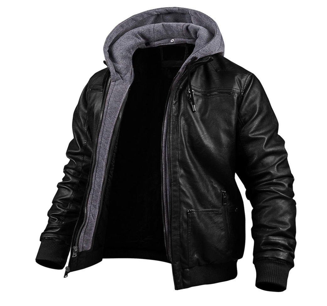 Men's hooded faux leather bomber jacket, view 2