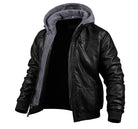 Black faux leather bomber jacket with detachable gray hood, unworn display | Chaps London