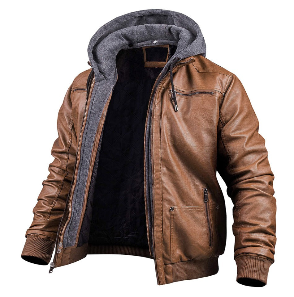 Men's hooded faux leather bomber jacket in brown