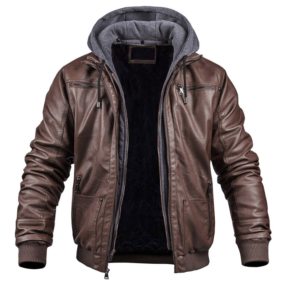 Men's hooded faux leather bomber jacket in dark brown