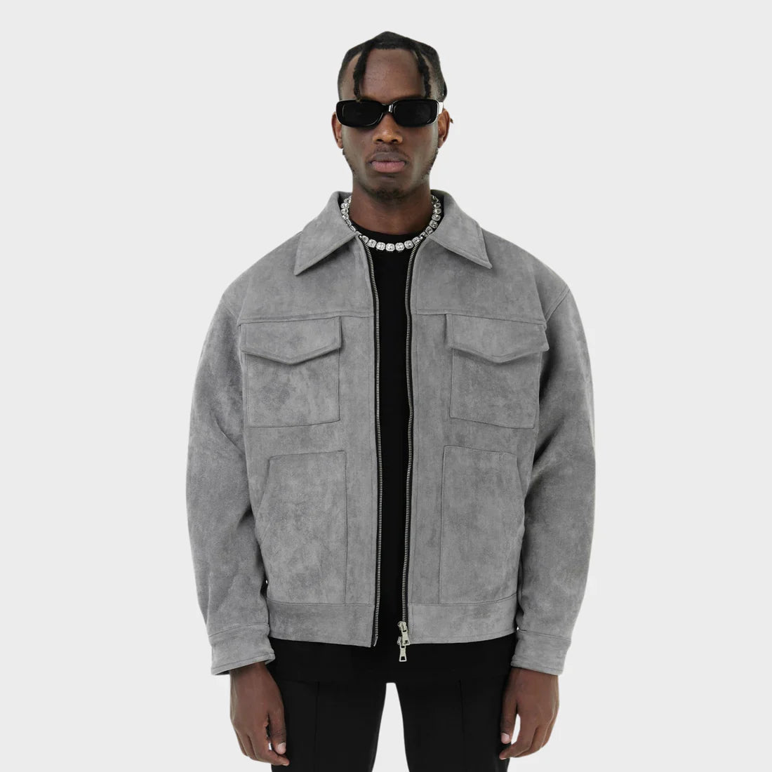 Grey faux suede jacket with flap chest pockets