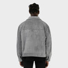 Back view of the grey faux suede jacket