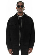 Black faux suede zip-up jacket with chest pockets