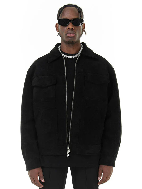 Black faux suede zip-up jacket with chest pockets