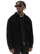 Black faux suede jacket worn open