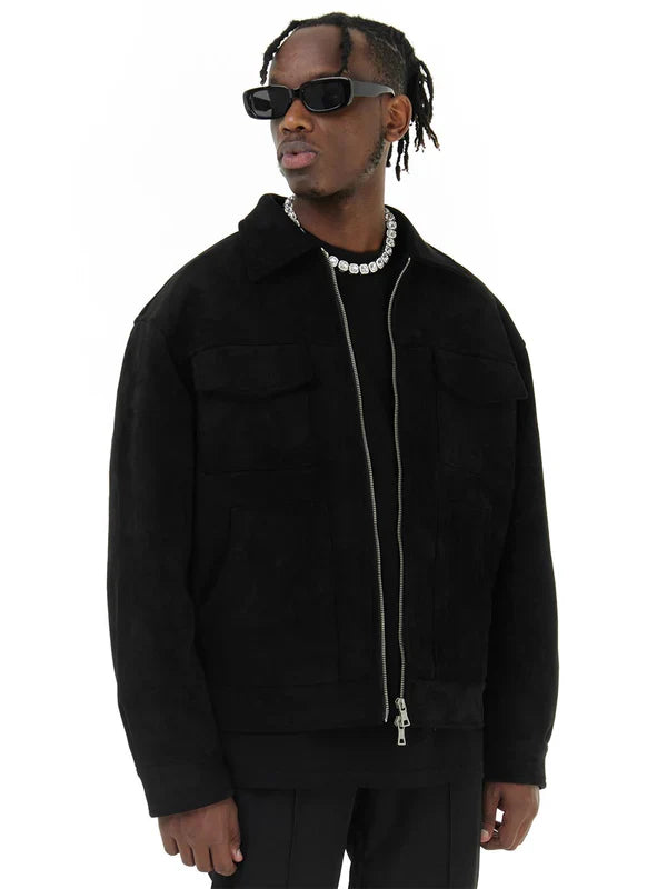 Black faux suede jacket worn open