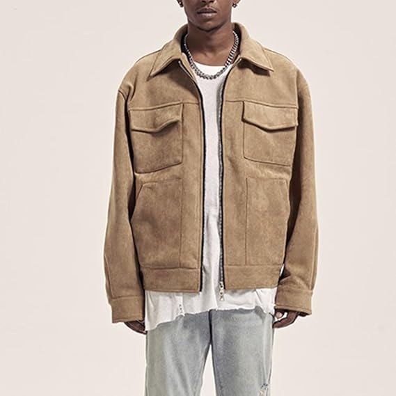 Brown faux suede zip-up jacket worn over a white tee