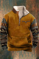 Men's half-zip fleece pullover in mustard with a sherpa collar and western print