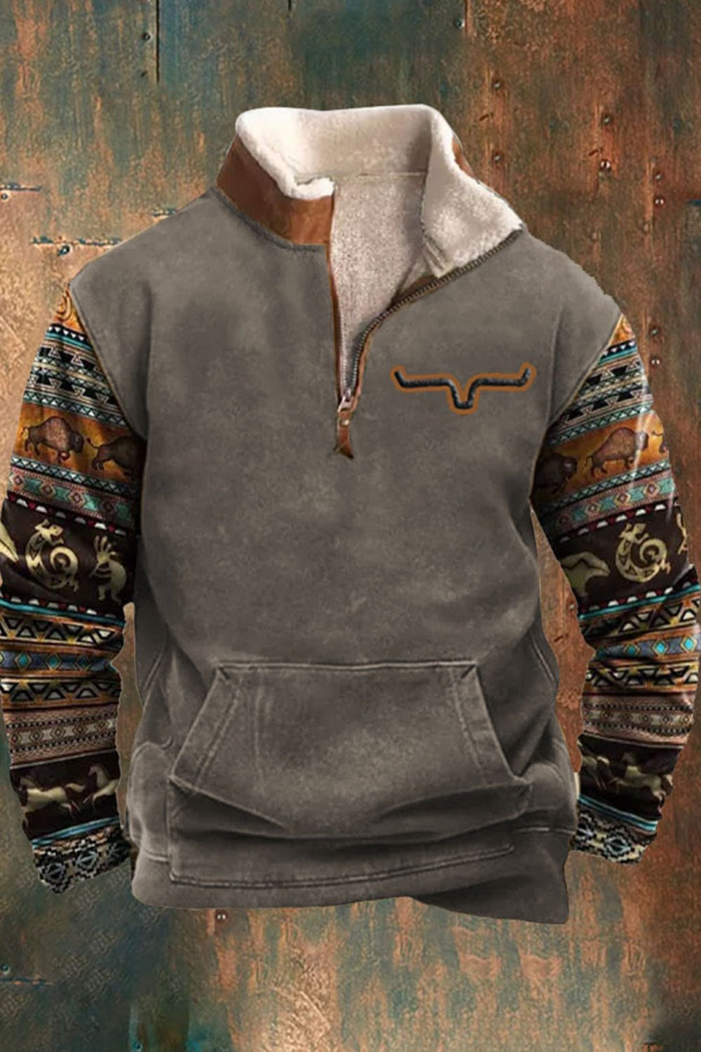 Men's half-zip fleece pullover in grey with a sherpa collar and western print