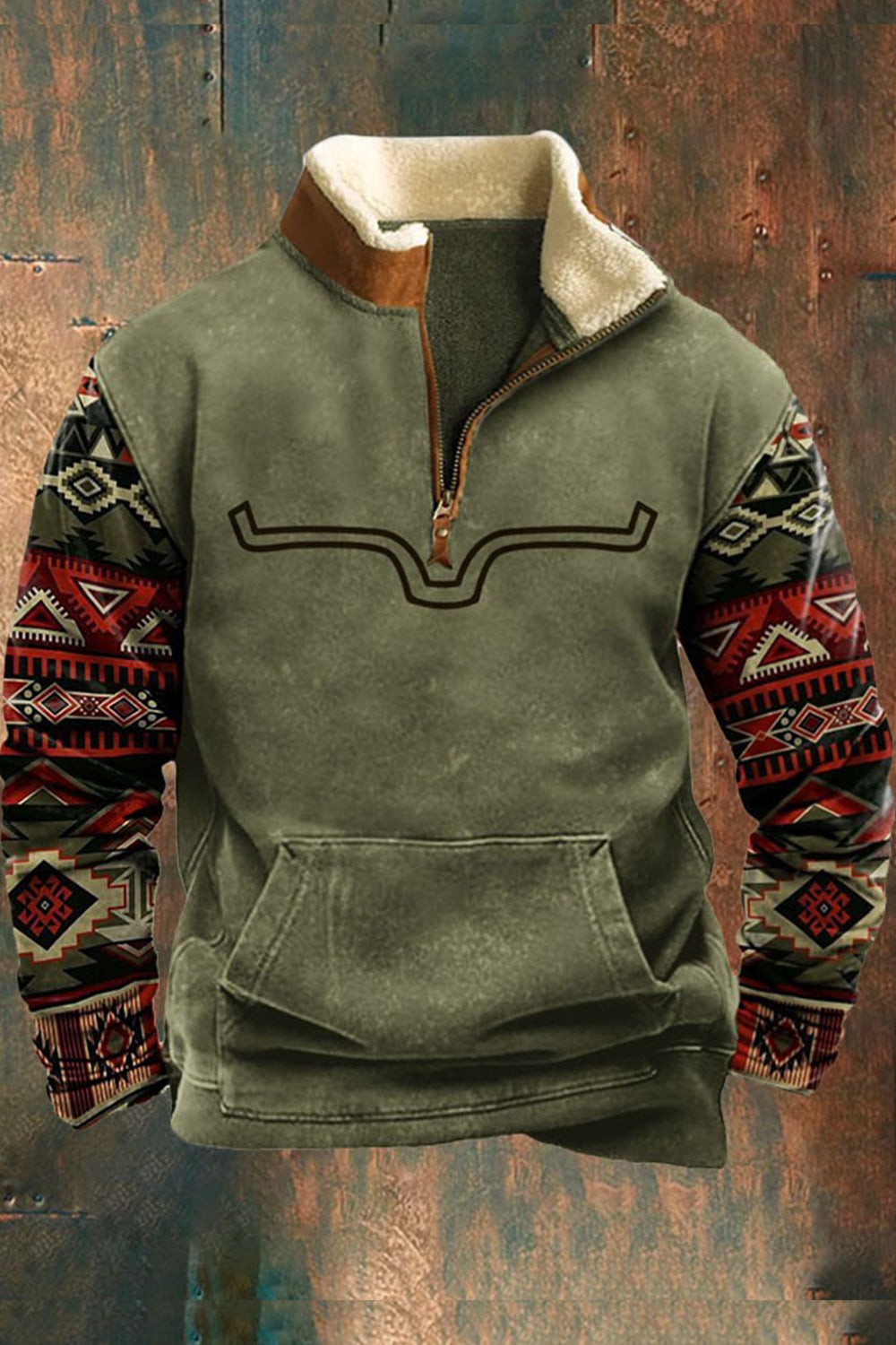 Men's half-zip fleece pullover in olive green with a sherpa collar and western print