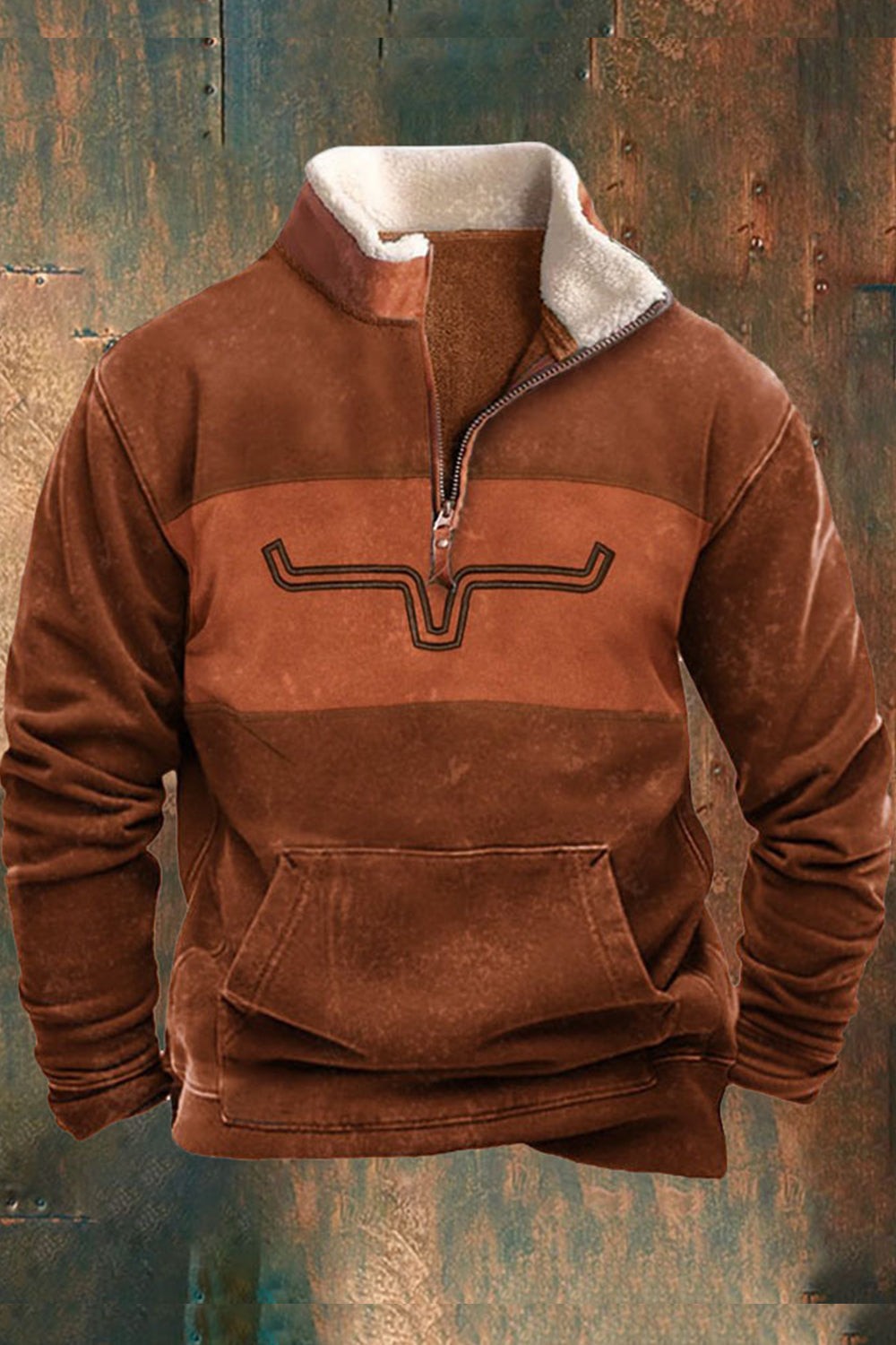 Men's half-zip fleece pullover in rust brown with a sherpa collar and western print