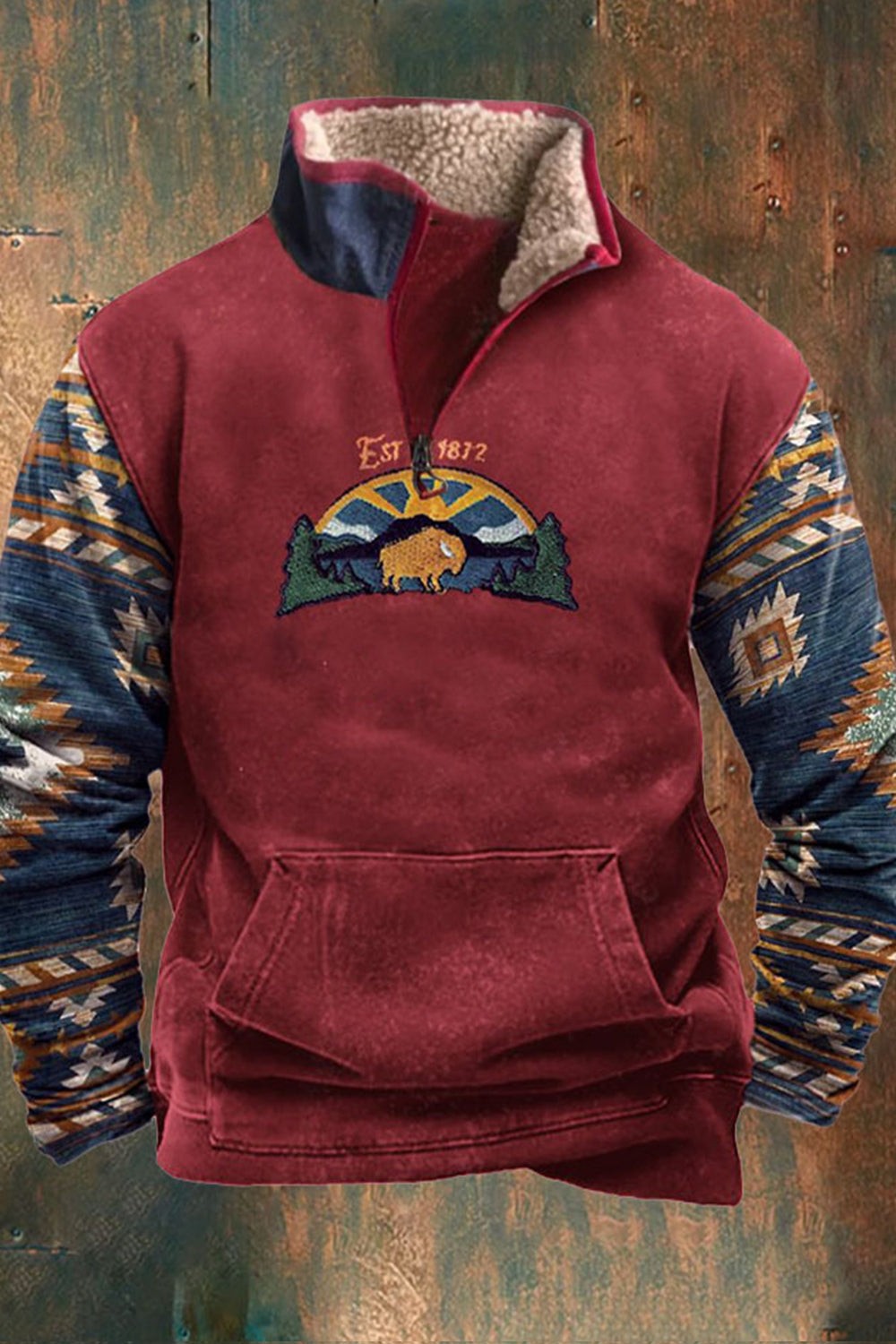 Men's half-zip fleece pullover in burgundy with a sherpa collar and western print