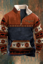 Men's half-zip fleece pullover in brown and navy with a sherpa collar and western print