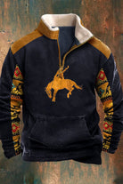 Men's half-zip fleece pullover in navy with a sherpa collar and western print