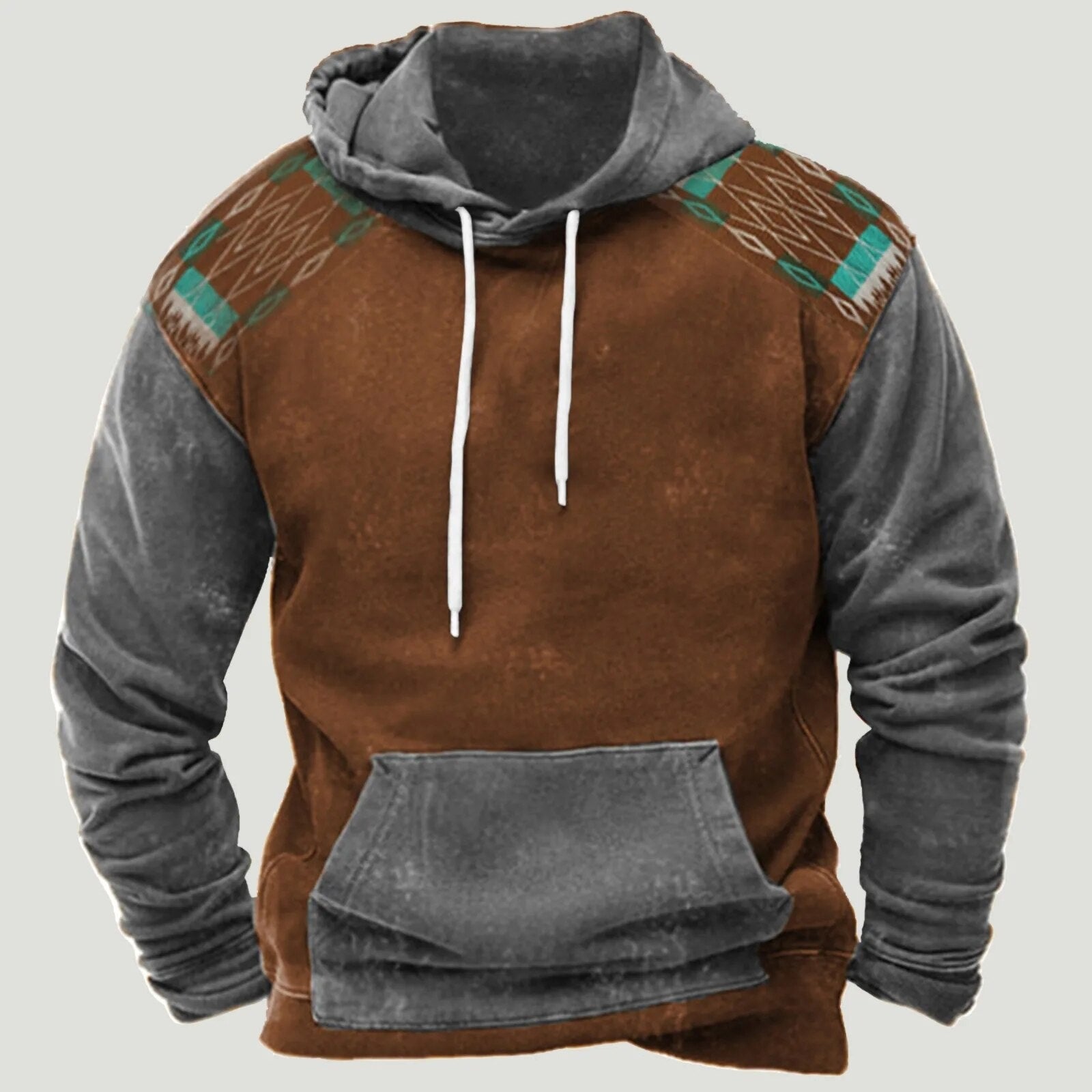 Men's graphic hoodie in brown and grey with patterned shoulders
