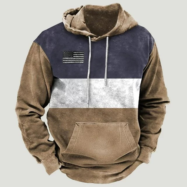 Men's colour-block hoodie in navy, white and khaki with a flag print
