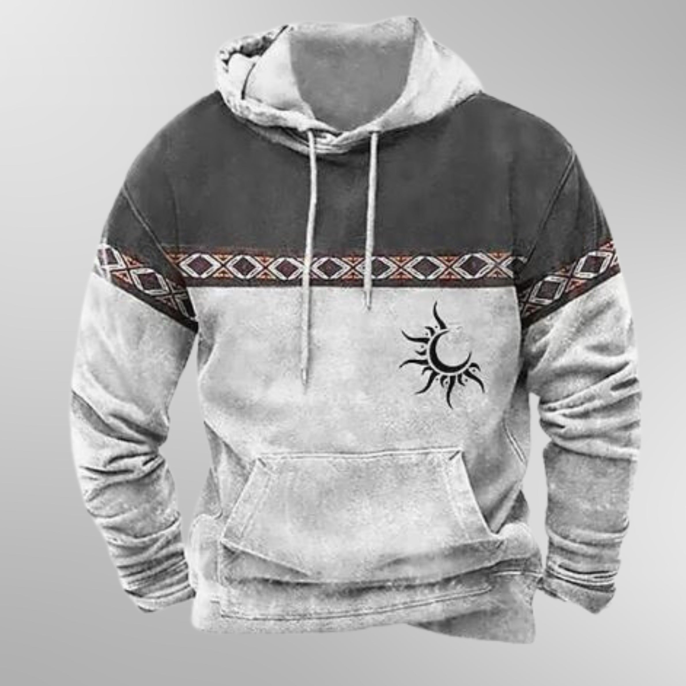 Men's grey and white hoodie with a patterned band and a sun motif