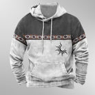 Men's grey and white hoodie with a patterned band and a sun motif