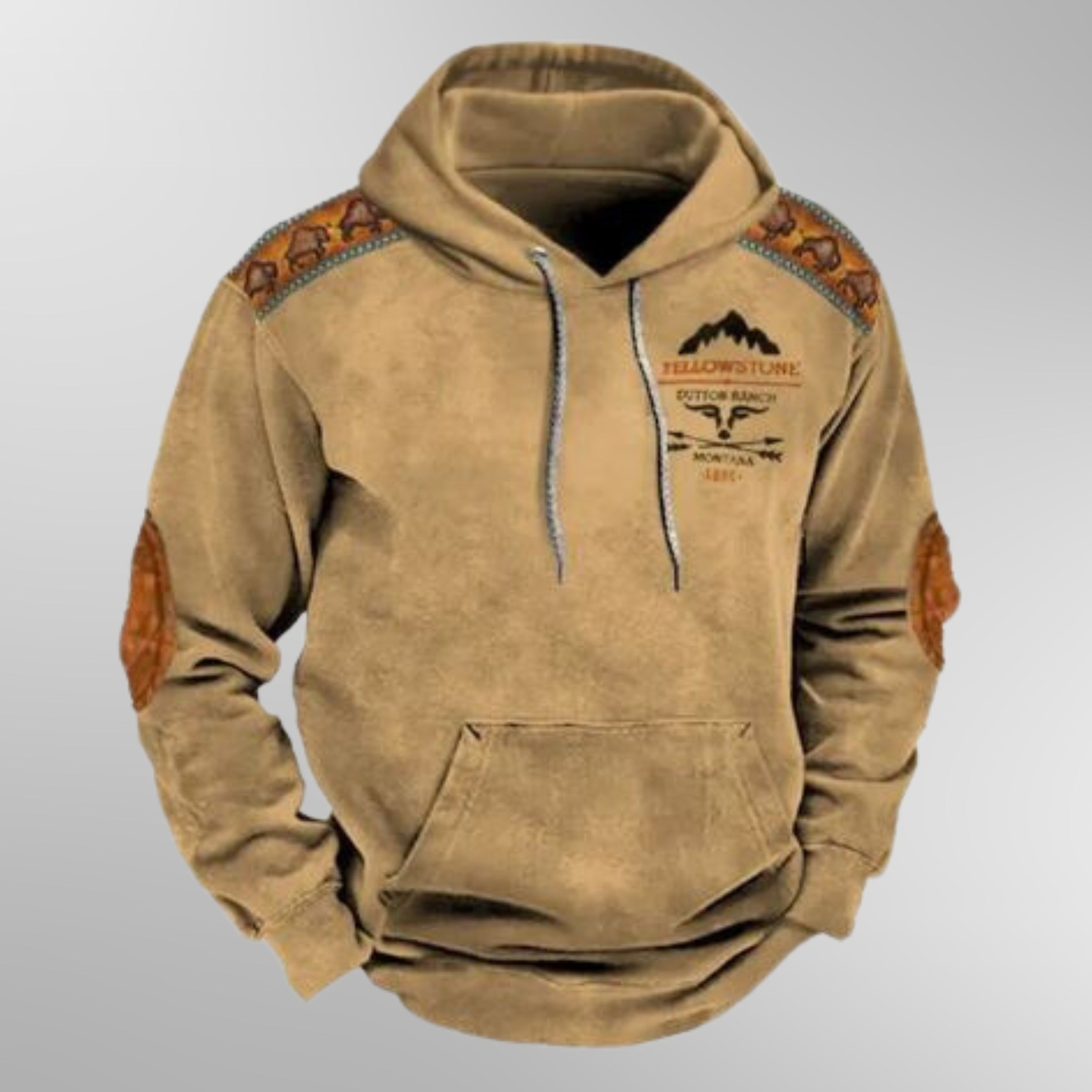 Men's tan hoodie with a chest print and patterned shoulders