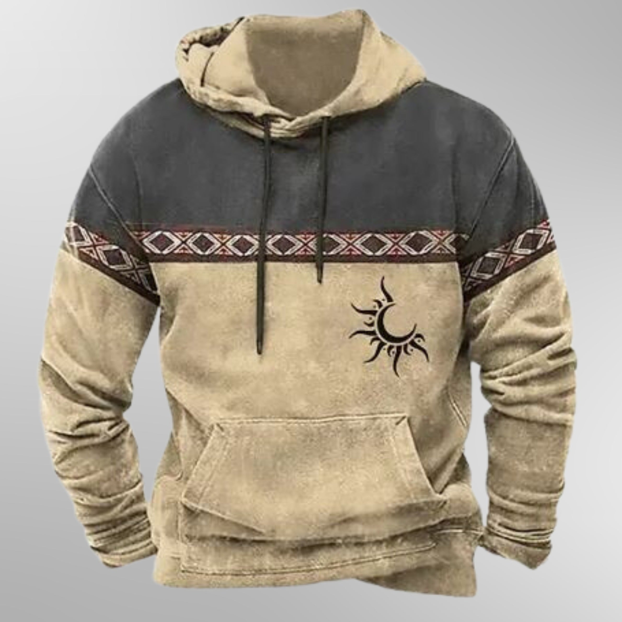 Men's charcoal and beige hoodie with a patterned band and a sun motif