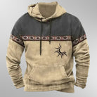 Men's charcoal and beige hoodie with a patterned band and a sun motif