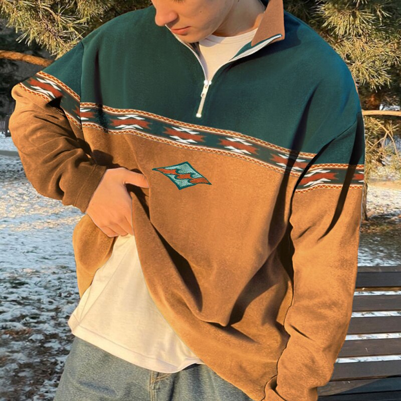 Men's Half-Zip Jumper | Retro Stripe | Oversized | Sweatshirt-Sweatshirts-Chaps London-Caramel Green-S-Chaps London