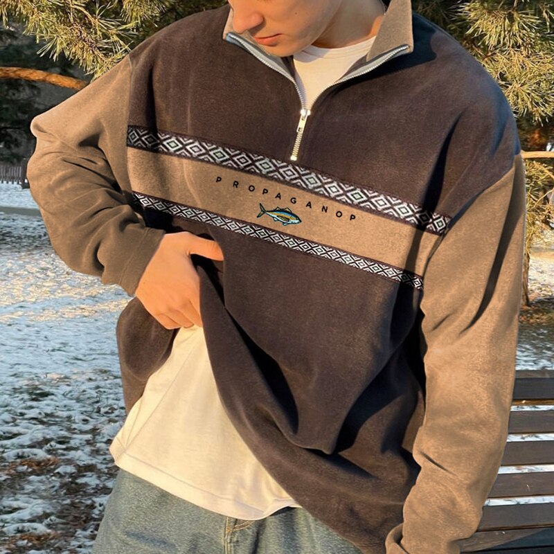Men's Half-Zip Jumper | Retro Stripe | Oversized | Sweatshirt-Sweatshirts-Chaps London-Brown-S-Chaps London