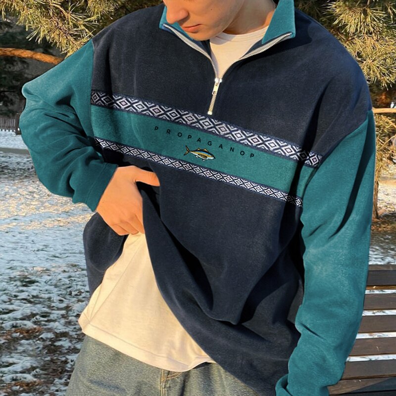 Men's Half-Zip Jumper | Retro Stripe | Oversized | Sweatshirt-Sweatshirts-Chaps London-Navy Teal-S-Chaps London