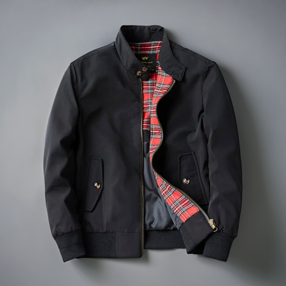 Black Harrington jacket with a red tartan lining
