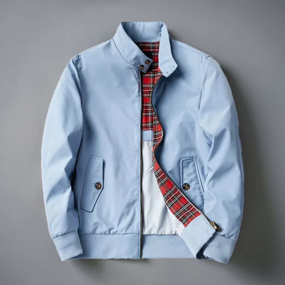 Light blue Harrington jacket with a red tartan lining