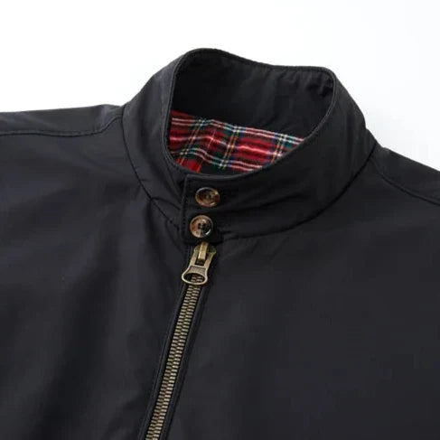 Stand collar with button tab and zip
