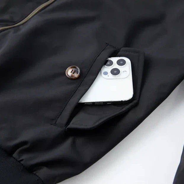 Button-down flap pocket on the Harrington jacket