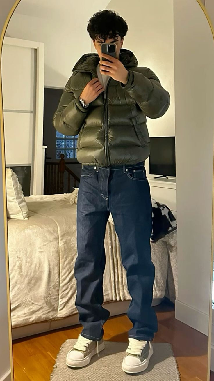 Man in a green shiny hooded puffer jacket with jeans, mirror photo