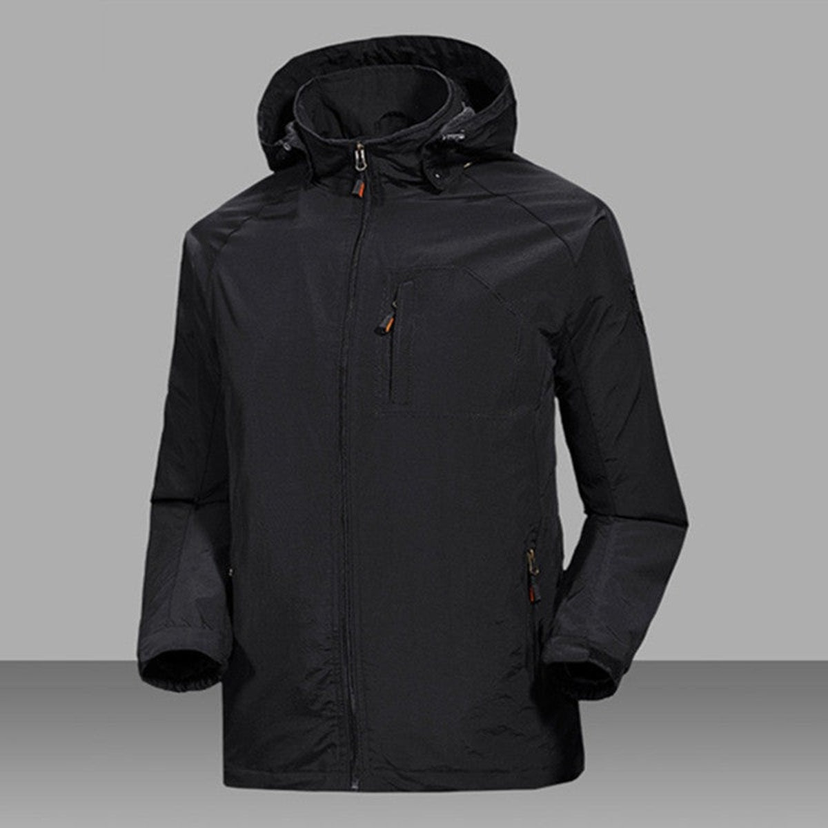 Black men's rain jacket with hood