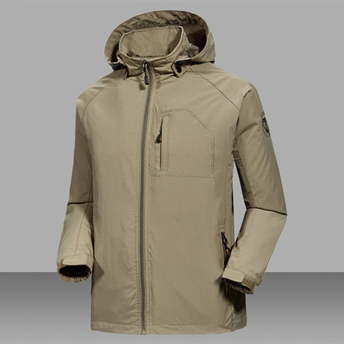 Khaki rain jacket with hood