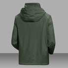 Green rain jacket, back view with hood