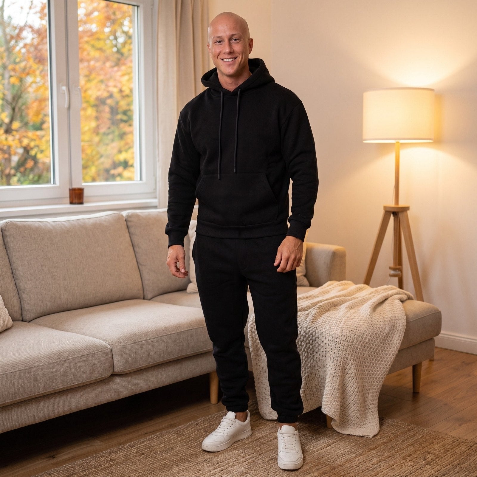 Man wearing black hoodie and joggers tracksuit in living room | Chaps London